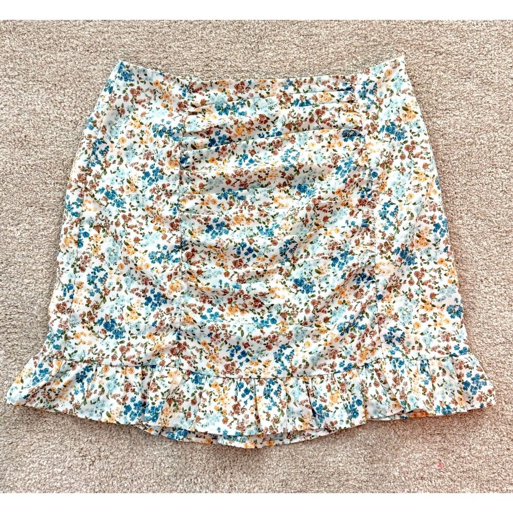 Paper Crane Floral Ruched Mini Skirt M Ruffle Hem Cottagecore Coquette